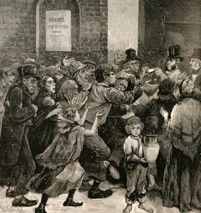 ロンドンの失業者の救済：「イラストレイテッドロンドンニュース」からのスープのチケットの配布、1886年3月13日 作： English School